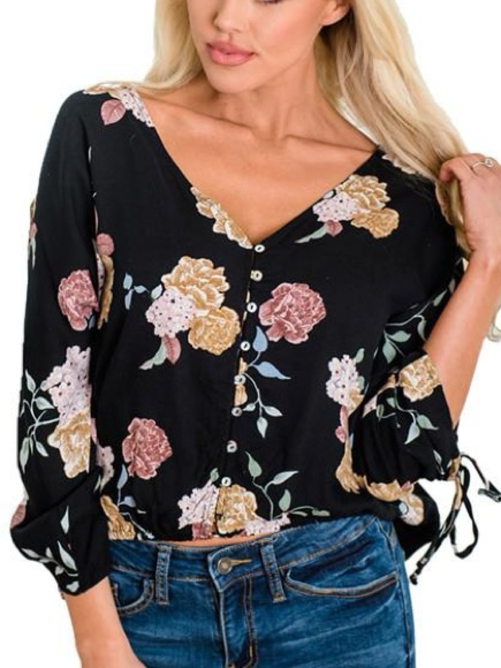 Sz S Lovestitch 3/4 sleeve button down floral blouse cinched waist drop sleeve
